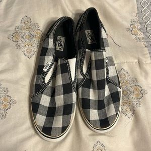 Vans black and white checkered slip ons, gently used